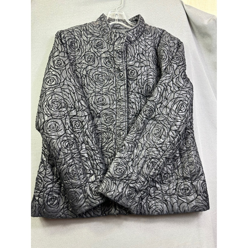 Mahtani Women Quilted Jacket Metallic Grey Black Velvet Rose Floral Snap Front L